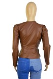 Spring Sexy Brown Wrap V Neck Ruffled Faux Pu Leather Jacket