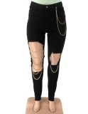 Spring Sexy Plsu Size Black Low Waist Ripped Hole Chain Jeans