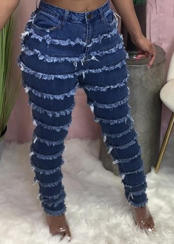 Jeans Spring Sexy Plus Size Azul Escuro com Franja em Camadas de Cintura