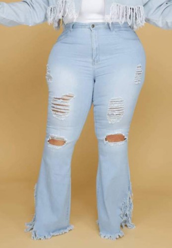 Весенние сексуальные джинсы большого размера светло-голубого цвета с высокой талией и рваными расклешенными джинсами