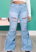Spring Sexy Plus Size Azul claro Cintura alta Agujeros rasgados Fringe Flare Jeans