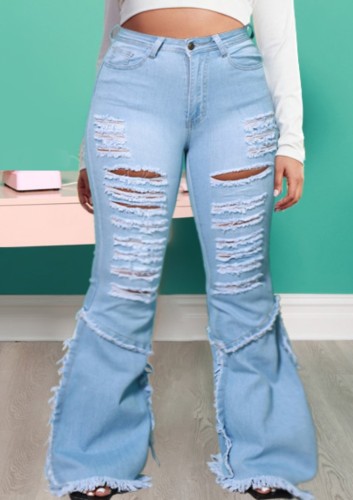 Printemps Sexy Plus Size Bleu Clair Taille Haute Trous Déchirés Jeans Flare À Franges