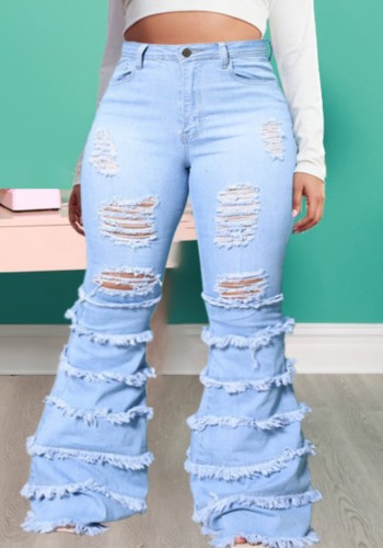Lente sexy plus size lichtblauwe hoge taille gescheurde gaten gelaagde franje flare jeans