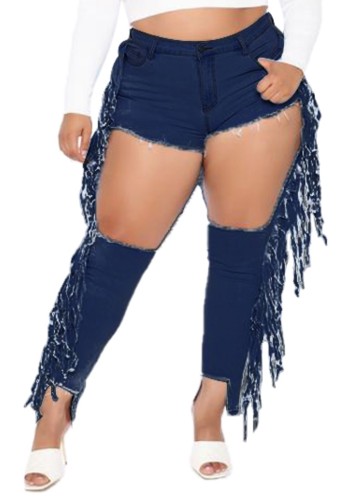 Jeans com franja com franjas com franjas com orifício rasgado e cintura sexy tamanho plsu azul escuro