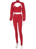 Spring Sportswear Vendors Red Straps Tank Long Sleeve Cape Top And Tight Pants 3 Pcs Set