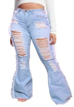 Jeans a zampa di nappe con frange e fori strappati a vita alta blu chiaro taglie forti sexy primaverili