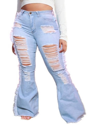 Lente Sexy Plus Maat Lichtblauwe Hoge Taille Gescheurde Gaten Franje Kwasten Flare Jeans