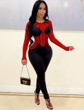 Spring Sexy Red Mesh Patch Round Neck Long Sleeve Slim Jumpsuit