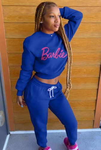 Winter Casual Letter Printed Blue Rouned Neck Long Sleeve Sweatshirt And Sweatpants Two Piece Wholesale Sportswear