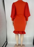 Spring Elegant Plus Size Orange Round Neck Puff Sleeve Ruffled Midi Dress