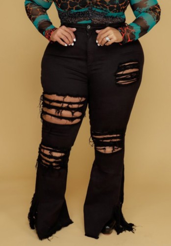 Весенние сексуальные черные расклешенные джинсы с высокой талией и рваными отверстиями больших размеров