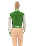 Spring Casual Green Patch Flower Button Up Cropped Baseball Jacket