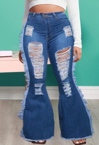 Весенние сексуальные темно-синие джинсы с высокой талией и рваными отверстиями с бахромой и кисточками большого размера