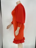 Spring Elegant Plus Size Orange Round Neck Puff Sleeve Ruffled Midi Dress