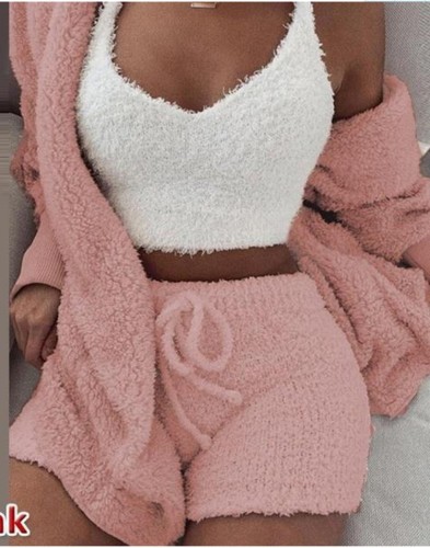 Winter Warm Pink Fleece Hoody Coat Crop Tank And Shorts 3 Pcs Pajamas