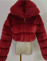 Abrigo de piel de manga larga con capucha roja de invierno cálido
