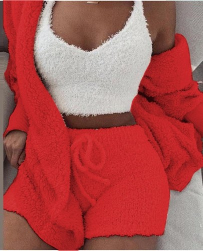 Casaco de lã vermelho quente com capuz de inverno, tanque e shorts 3 peças de pijama
