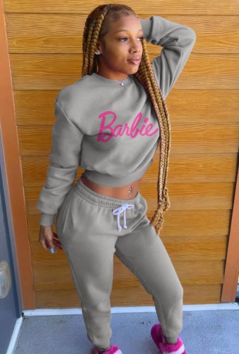 Winter Casual Letter Printed Gray Rouned Neck Long Sleeve Sweatshirt And Sweatpants Two Piece Wholesale Sportswear