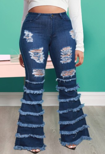 Spring Sexy Plus Size Dark Blue High Waist Ripped Holes Layered Fringe Flare Jeans
