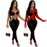 Spring Sexy Red Mesh Patch Round Neck Long Sleeve Slim Jumpsuit