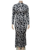 Winter Black Leopard Print Long Sleeves Plus Size Evening Dress