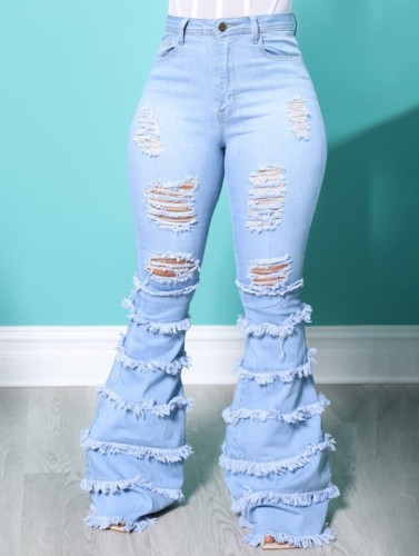 Spring Fashion Lt-Blue High Waist Ripped Layers Tassels Jeans