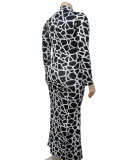 Winter Black Leopard Print Long Sleeves Plus Size Evening Dress