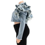 Spring Fashion Blue Turn Down Collar Puffed Long Sleeve Jeans Jacket