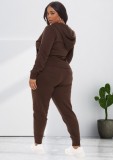 Winter Plus Size Brown Contrast White Zipper Long Sleeve Hoodies And Pant Tracksuit