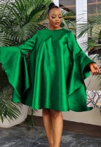Bahar Yeşili Flare Uzun Kollu Yuvarlak Yaka Oversize Elbise