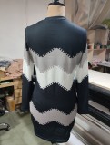 Winter Casual Black Stripe Print Round Neck Long Sleeve Bodycon Dress