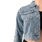 Spring Fashion Print Turn Down Collar Long Sleeve Jeans Jacket