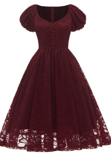 Vestido de festa vintage elegante de renda cor de vinho com decote redondo estufado de manga curta vintage