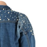 Winter Plus Size Fashion Beaded Blue Turn Down Collar Long Sleeve Jeans Jacket