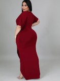 Spring Plus Size Red V Neck Short Sleeve Slit Maxi Dress
