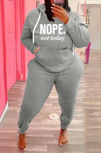 Winter Plus Size Casual Grey Letter Print Hoodies And Pant Wholesale Two Piece Sets