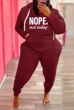 Winter Plus Size Casual Wine Letter Print Hoodies And Pant Wholesale Two Piece Sets