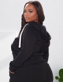 Winter Plus Size Black Contrast White Zipper Long Sleeve Hoodies And Pant Tracksuit