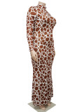 Winter Brown Leopard Print Long Sleeves Plus Size Evening Dress