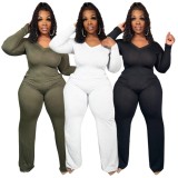Spring Plus Size Casual White V Neck Pockets Long Sleeve Jumpsuit