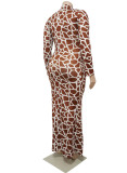 Winter Brown Leopard Print Long Sleeves Plus Size Evening Dress