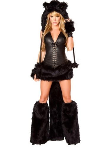 Sexy Black Pu Leather With Fake Fur Costume Set