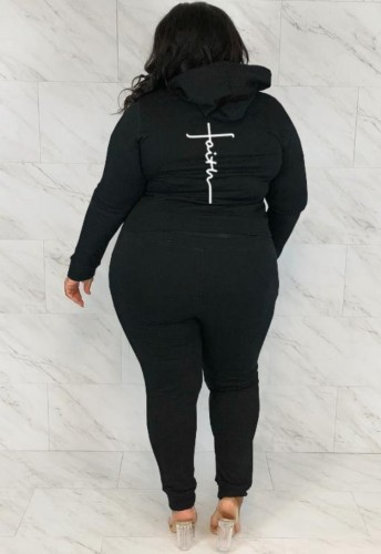 Winter Plus Size Casual Black Backside Letter Print Hoodies And Pant Wholesale Two Piece Sets