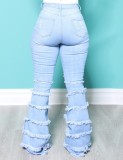 Spring Fashion Lt-Blue High Waist Ripped Layers Tassels Jeans