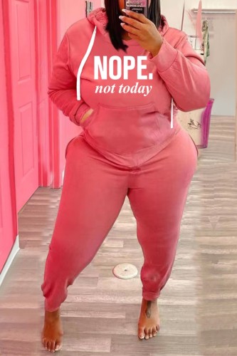 Winter Plus Size Casual Pink Letter Print Hoodies And Pant Wholesale Two Piece Sets