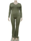 Spring Plus Size Casual Green V Neck Pockets Long Sleeve Jumpsuit