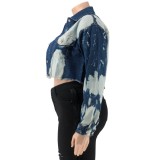 Winter Plus Size Fashion Print Blue Turn Down Collar Long Sleeve Jeans Jacket