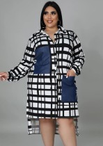 Spring Plus Size Fashion Print Contrast Blue Blocked Button Long Sleeve Shirt Dress