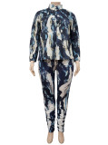 Autumn Blue Print Blouse and Pants Plus Size Two Piece Set