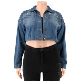Winter Plus Size Fashion Beaded Blue Turn Down Collar Long Sleeve Jeans Jacket